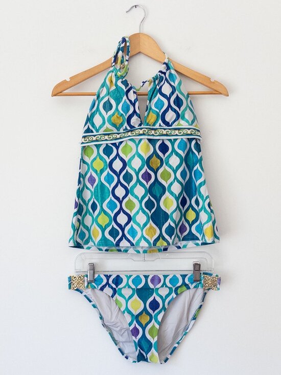 Trina Turk Other - Trina Turk Tankini Swimsuit Size 6/8 Blue Green Geometric Halter 2 Piece 2000s